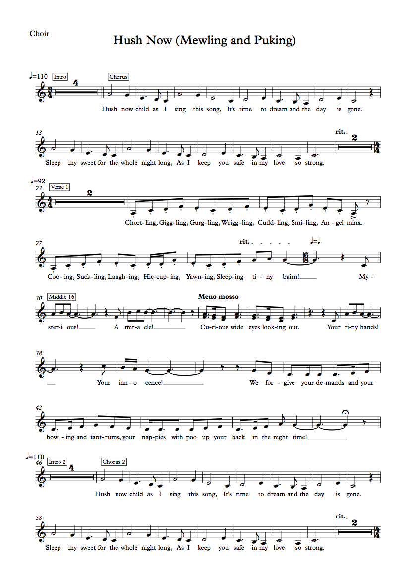 Hush Now song sheet p1